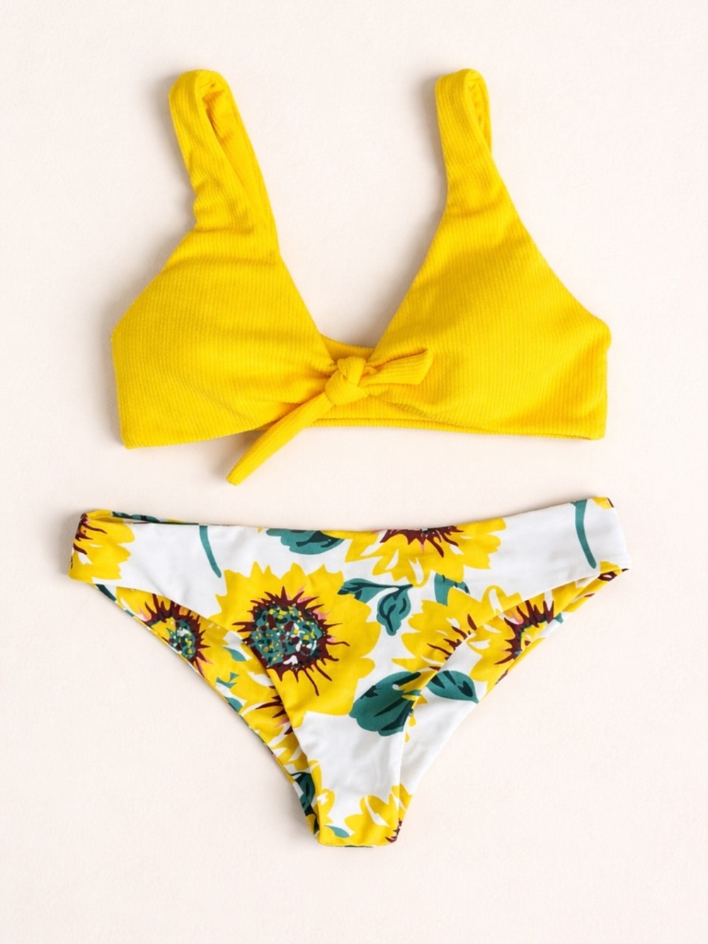Yellow Ribbed Bikini Set with Sunflower Print Bottoms Size Small